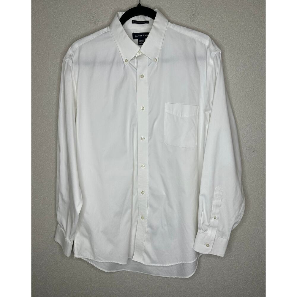 Lands End Shirt Men 16.5 34 White Pinpoint Oxford Button Up No Iron Traditional